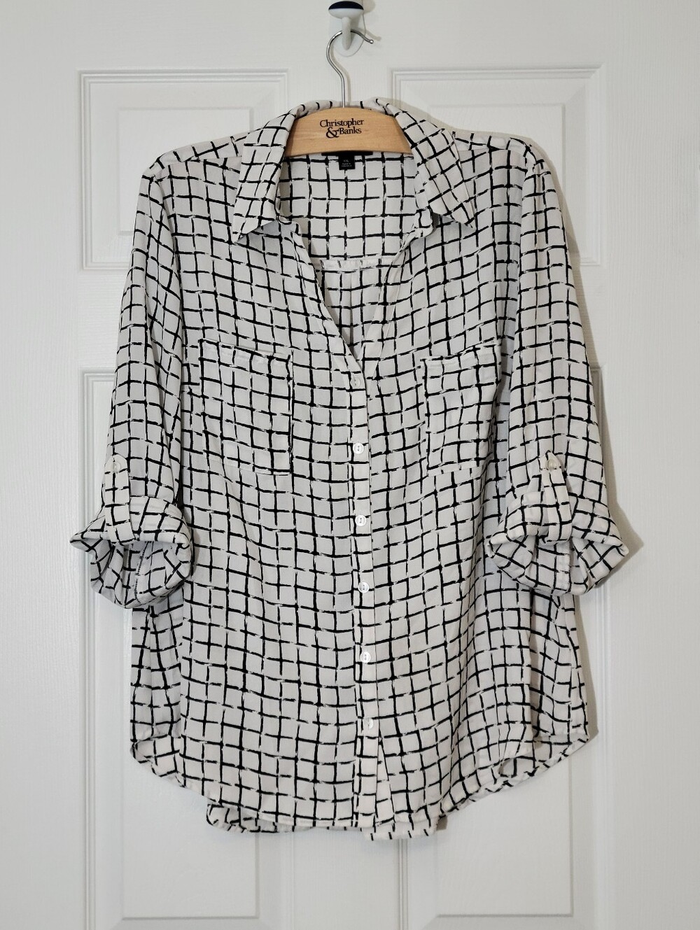 Fortune + Ivy White Black Plaid Roll Tab Sleeve Blouse Size XXL